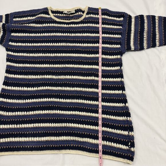 Vintage Segue Womens Sweater Tunic Long Striped Crochet Fisherman Ribbon Blue - Picture 7 of 10